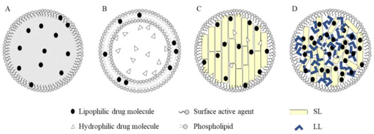 Different types of lipid-based nanoparticles. (A) Nanoemulsions; (B) Liposomes; (C) Solid lipid nanoparticles (SLNs); and (D) Nanostructured lipid carriers (NLCs). Solid lipids (SL), liquid lipids (LL)